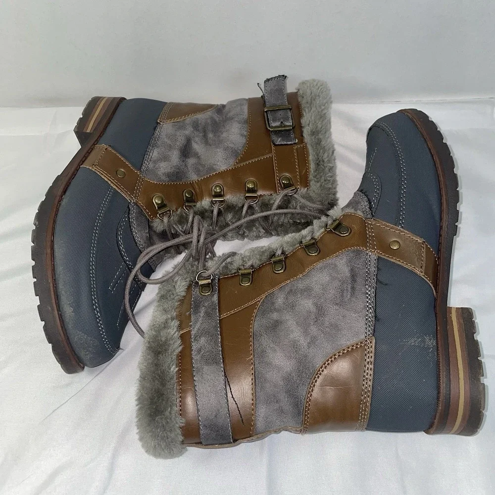 Rock & Candy Danlea Grey Brown Faux Fur Lined Lace Up Winter Duck Boots Size 9M